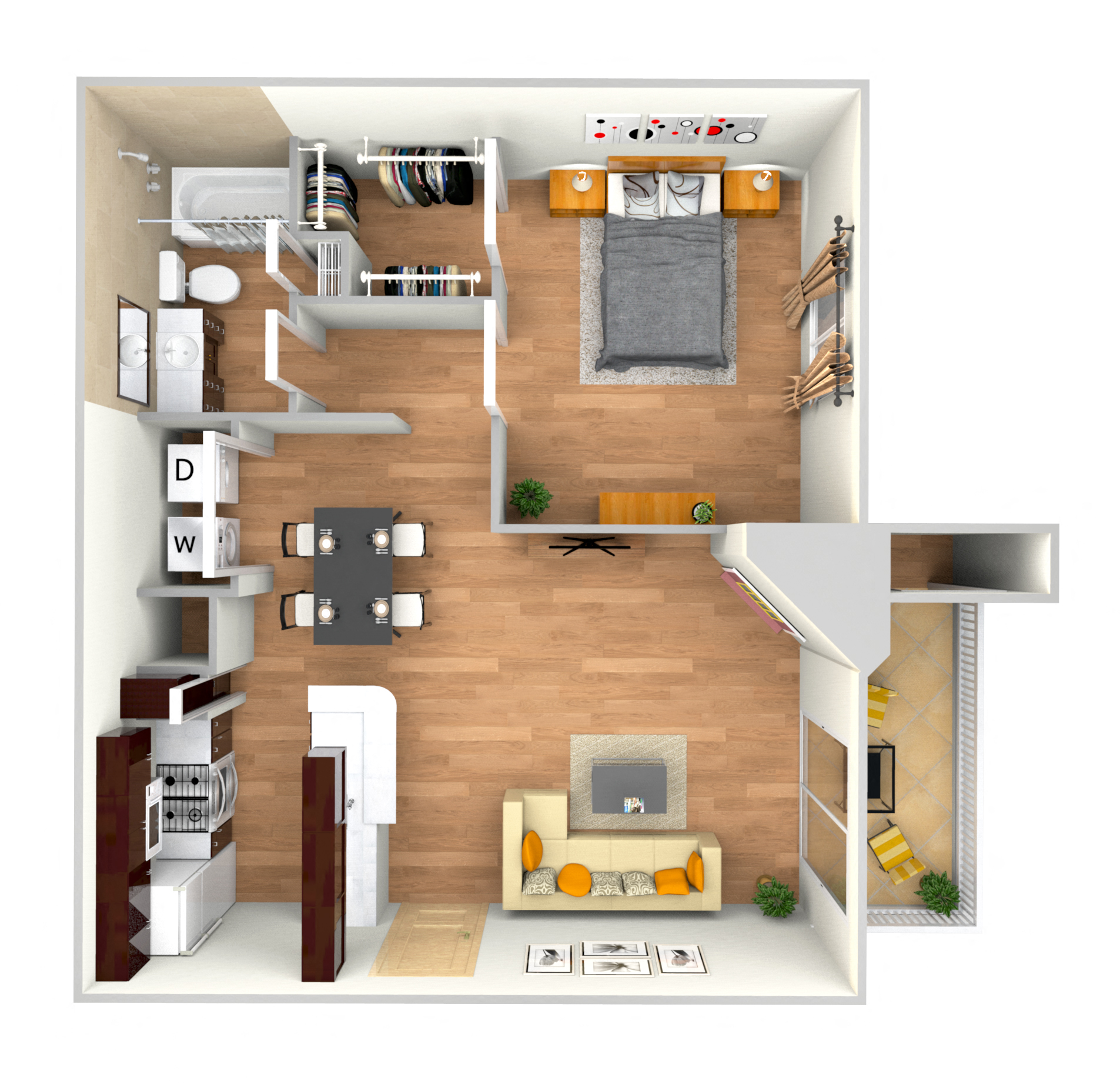 Floor plan for 1 bed, 1 bath, 676 sqft