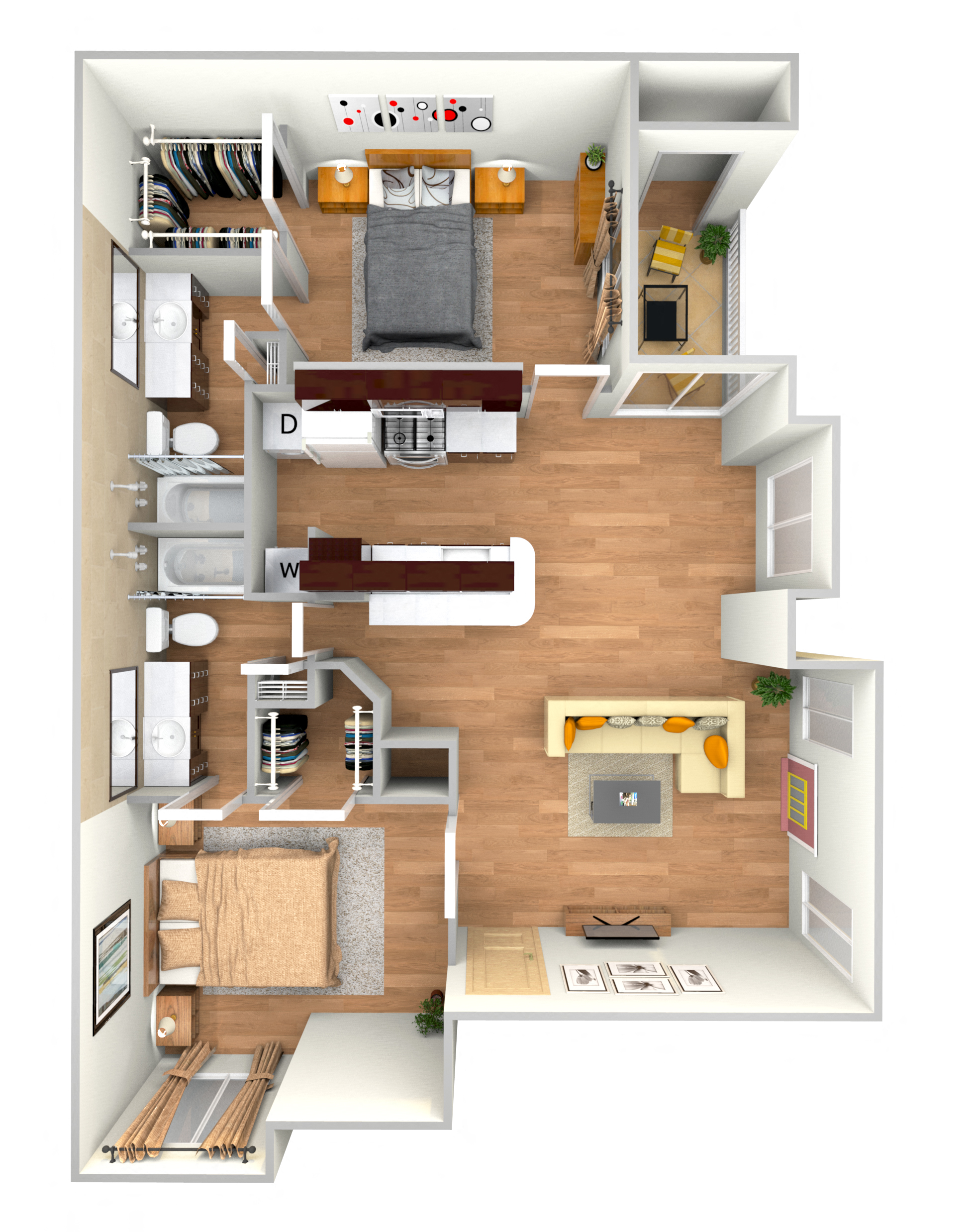 Floor plan for 2 beds, 2 baths, 996 sqft