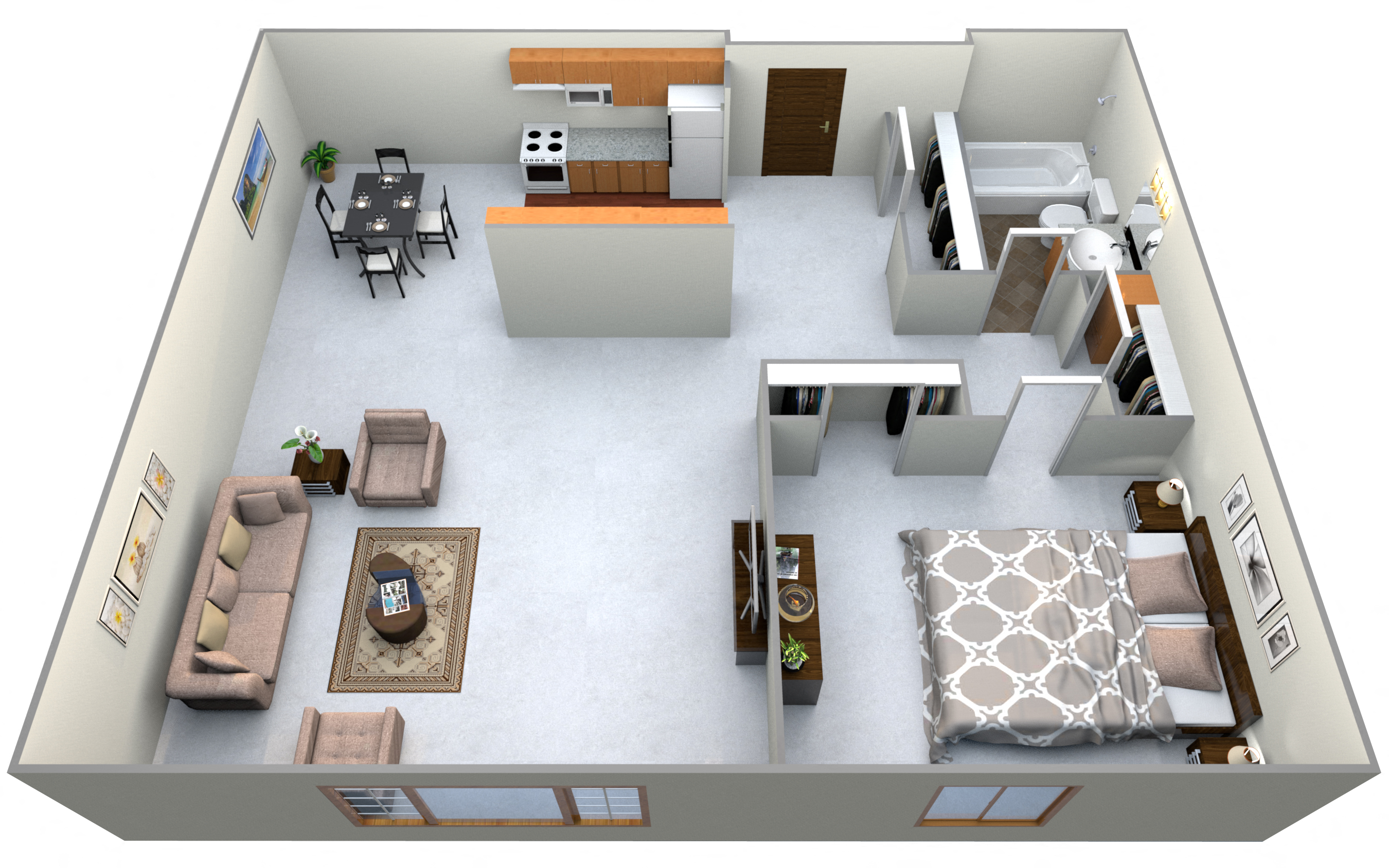 Floor plan for 1 bed, 1 bath, 708 sqft