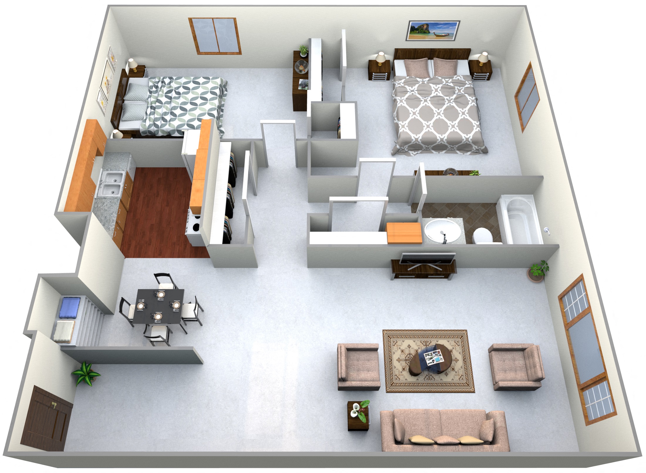 Floor plan for 2 beds, 1 bath, 888 sqft