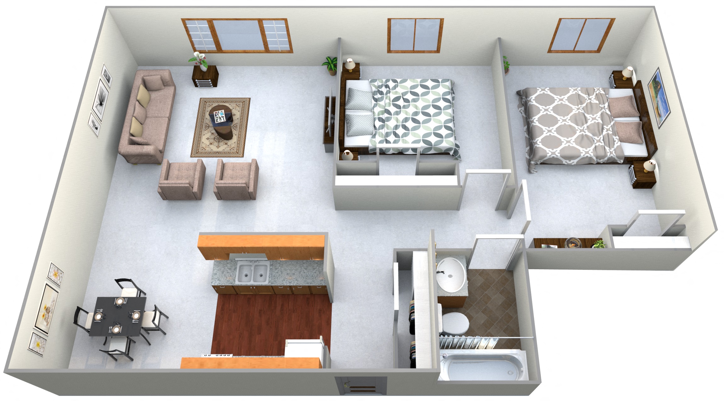 Floor plan for 2 beds, 1 bath, 750 sqft