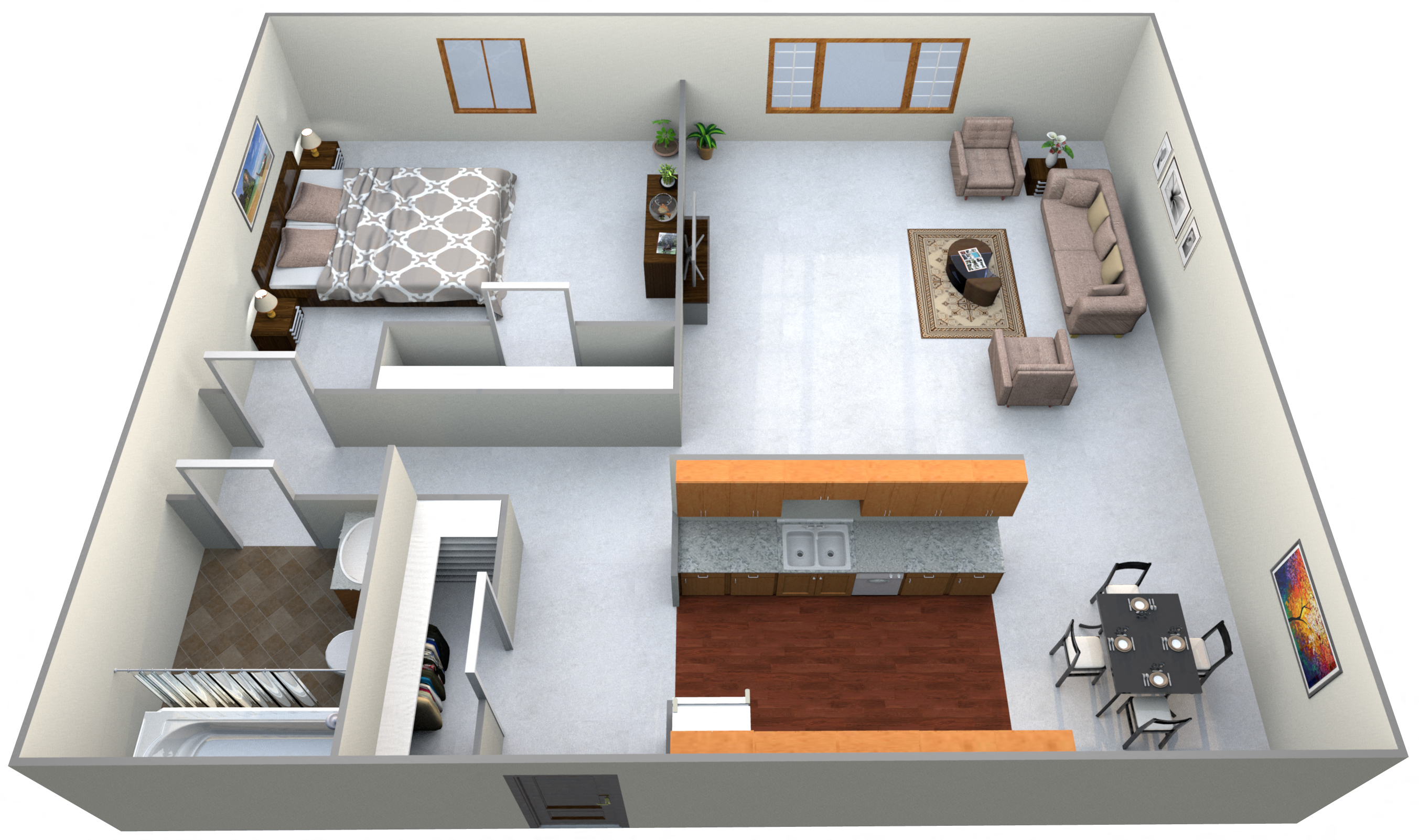 Floor plan for 1 bed, 1 bath, 600 sqft