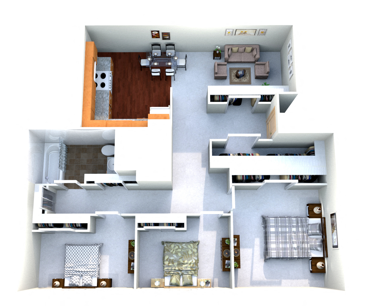 Floor plan for 3 beds, 1 bath, 1000 sqft