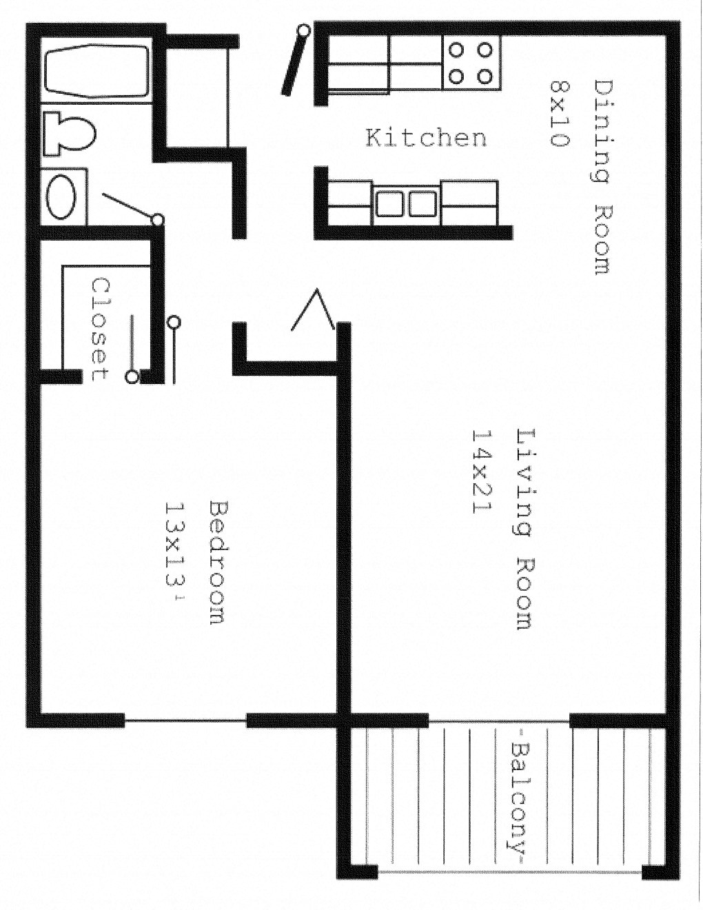 Floor plan for 1 bed, 1 bath, 790 sqft