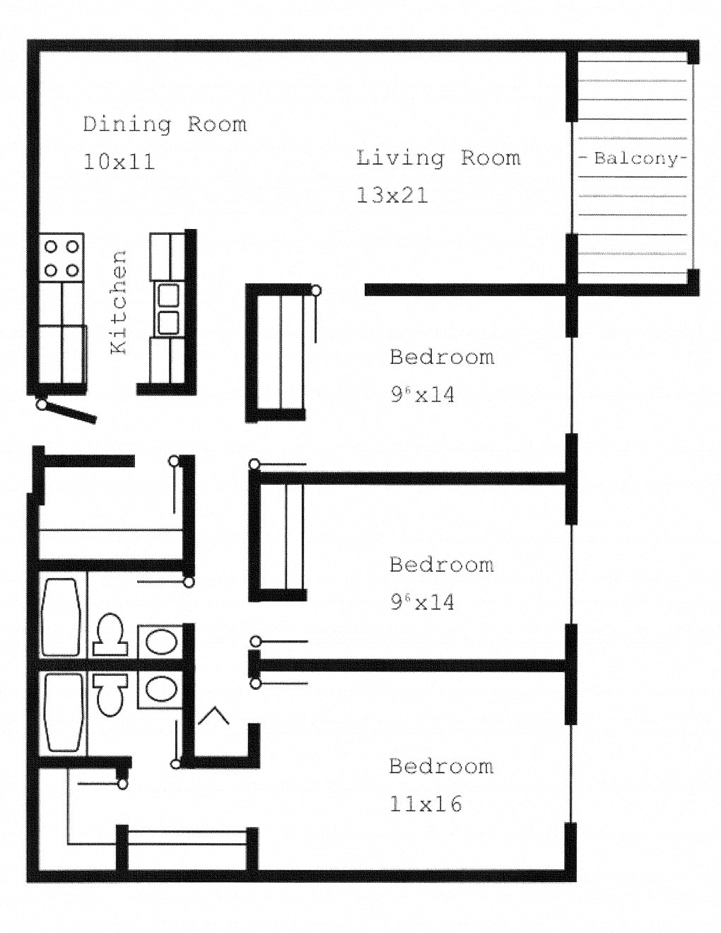 Floor plan for 3 beds, 2 baths, 1278 sqft