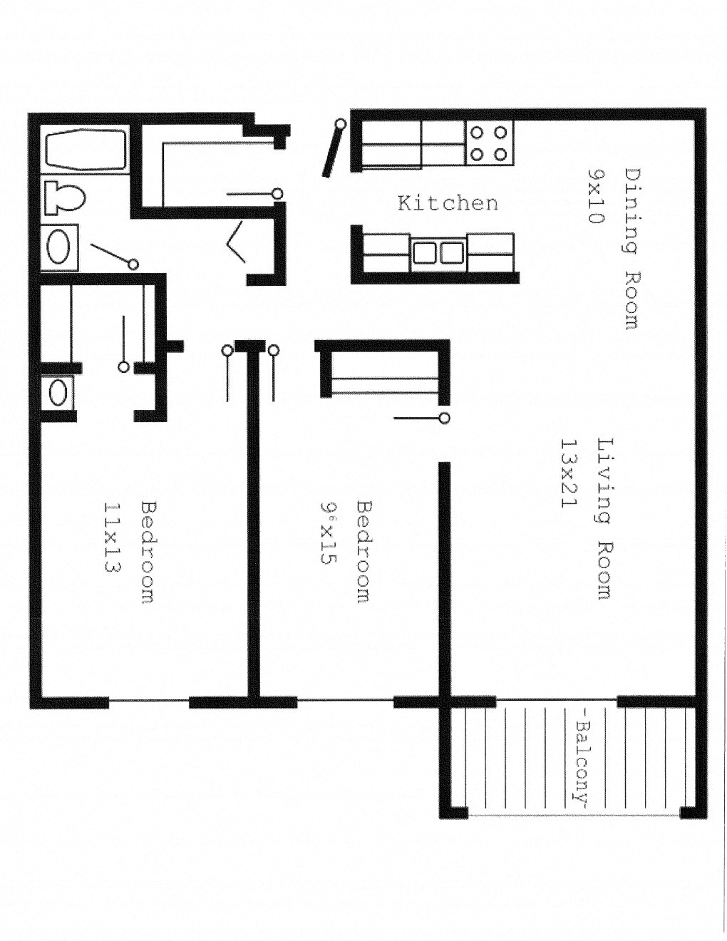 Floor plan for 2 beds, 1 bath, 990 sqft