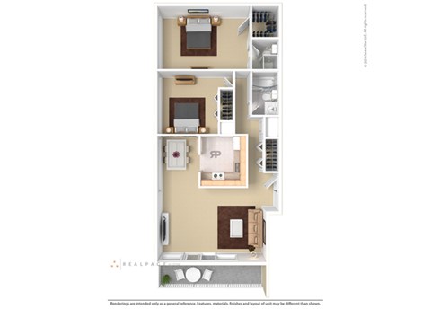 Floor plan for 2 beds, 2 baths, 975 sqft
