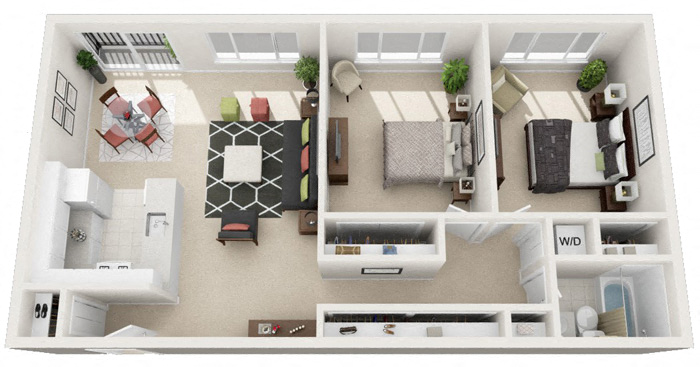 Floor plan for 2 beds, 1 bath, 1052 sqft