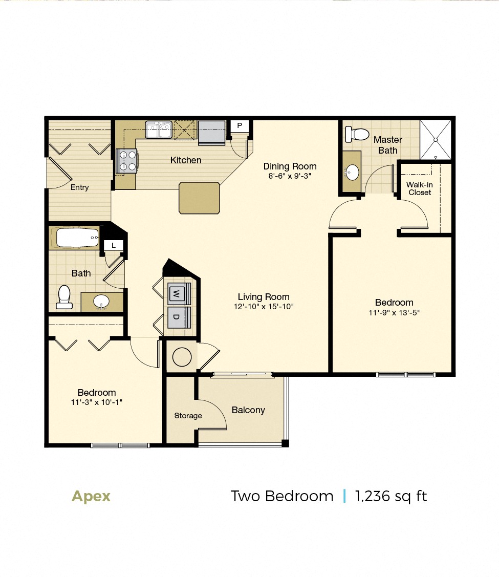 Floor plan for 2 beds, 2 baths, 1236 sqft