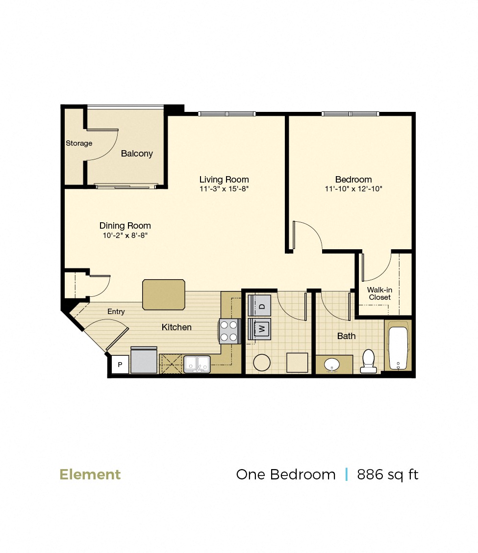 Floor plan for 1 bed, 1 bath, 886 sqft
