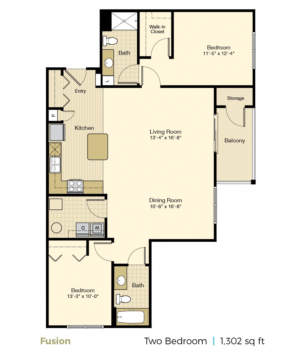 Floor plan for 2 beds, 2 baths, 1302 sqft