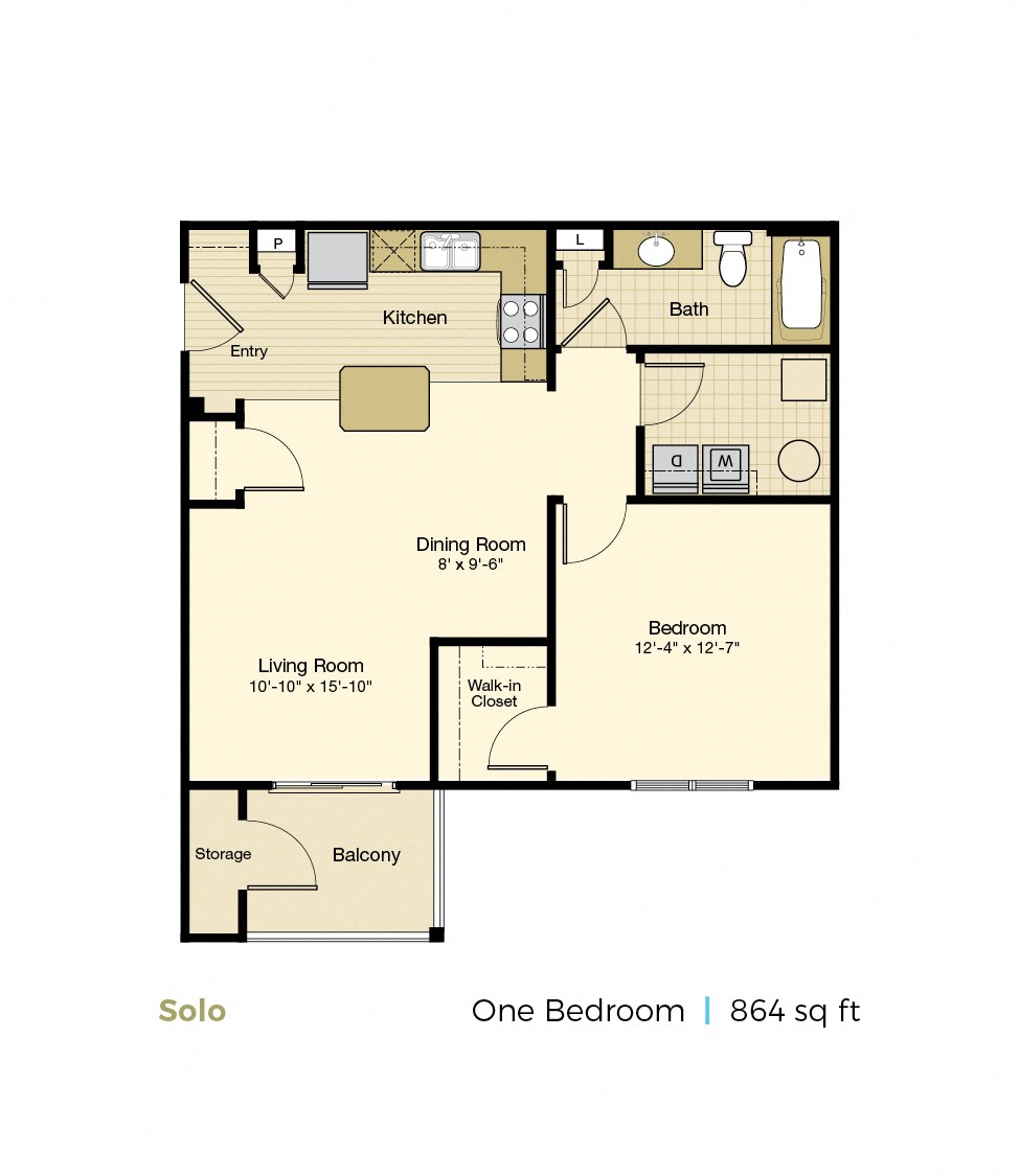Floor plan for 1 bed, 1 bath, 864 sqft