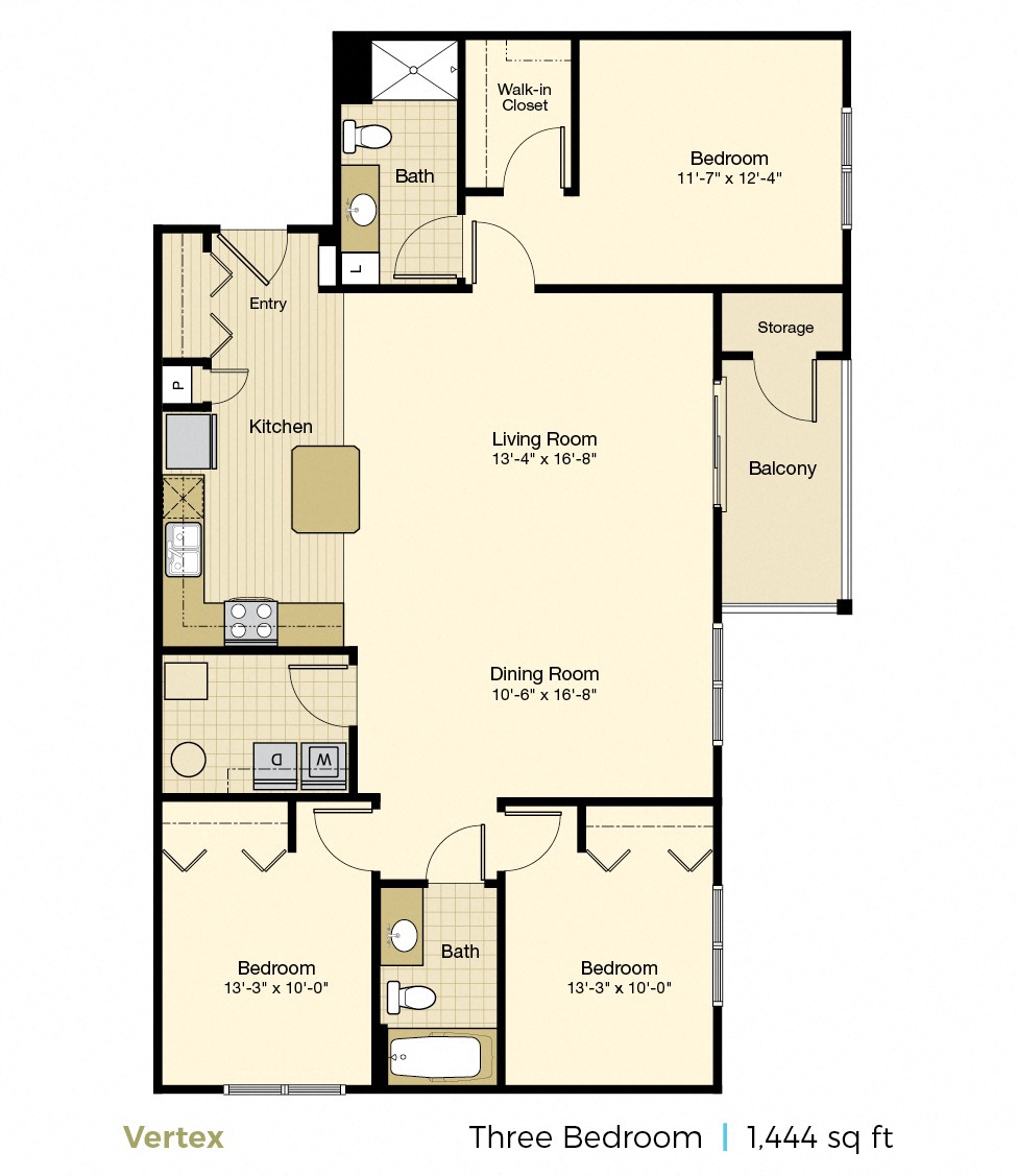 Floor plan for 3 beds, 2 baths, 1444 sqft