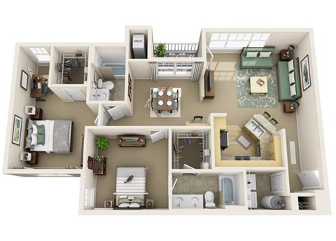 Floor plan for 2 beds, 2 baths, 1184 sqft