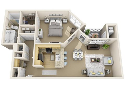 Floor plan for 1 bed, 1 bath, 928 sqft