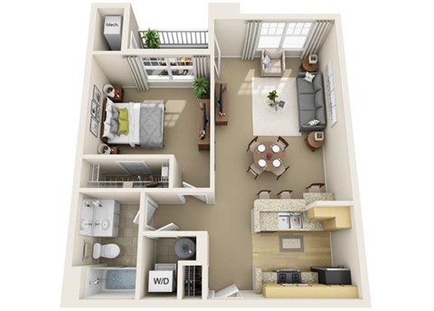 Floor plan for 1 bed, 1 bath, 765 sqft