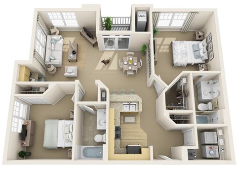 Floor plan for 2 beds, 2 baths, 1091 sqft