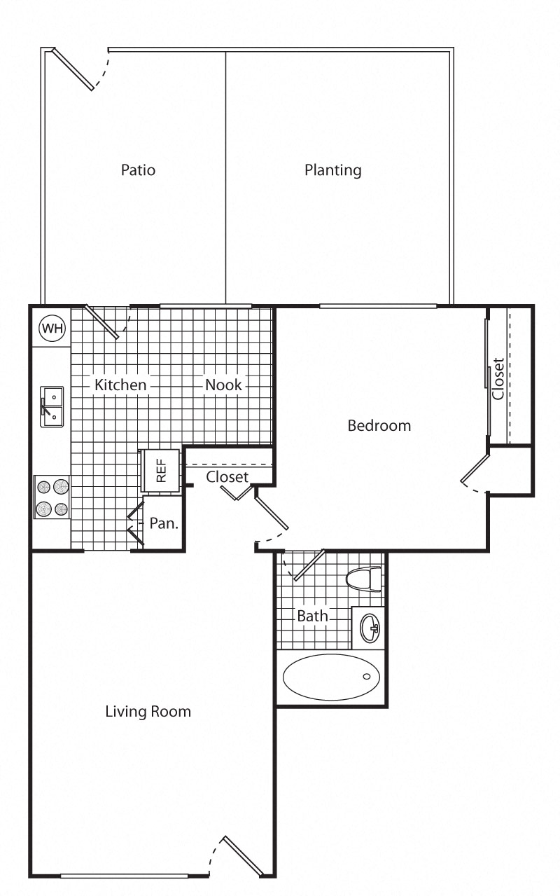 Floor plan for 1 bed, 1 bath, 600 sqft