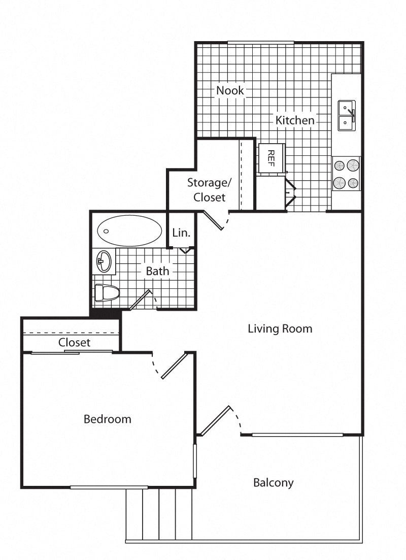 Floor plan for 1 bed, 1 bath, 600 sqft
