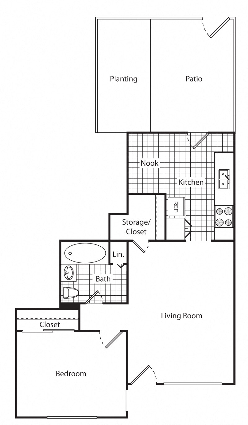 Floor plan for 1 bed, 1 bath, 602 sqft