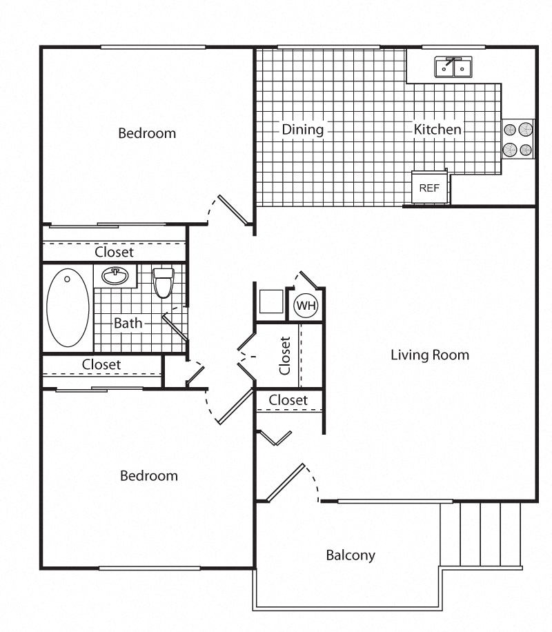 Floor plan for 2 beds, 1 bath, 885 sqft