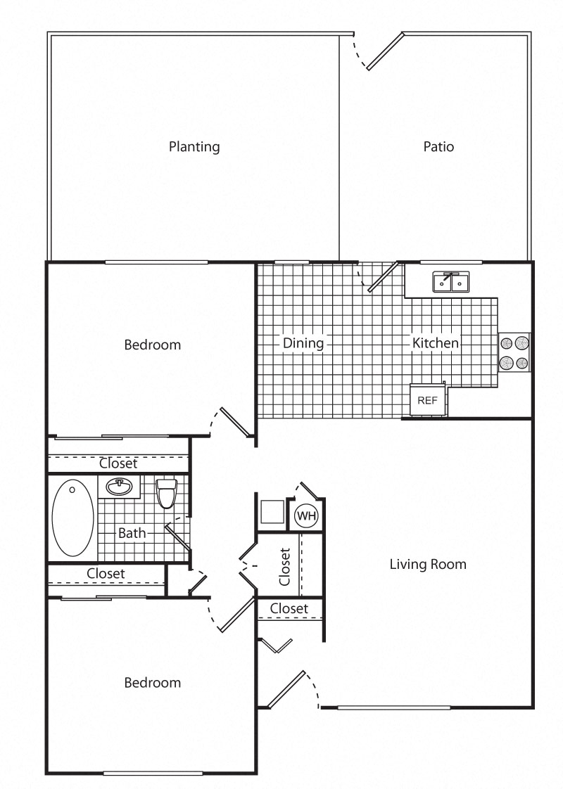 Floor plan for 2 beds, 1 bath, 885 sqft