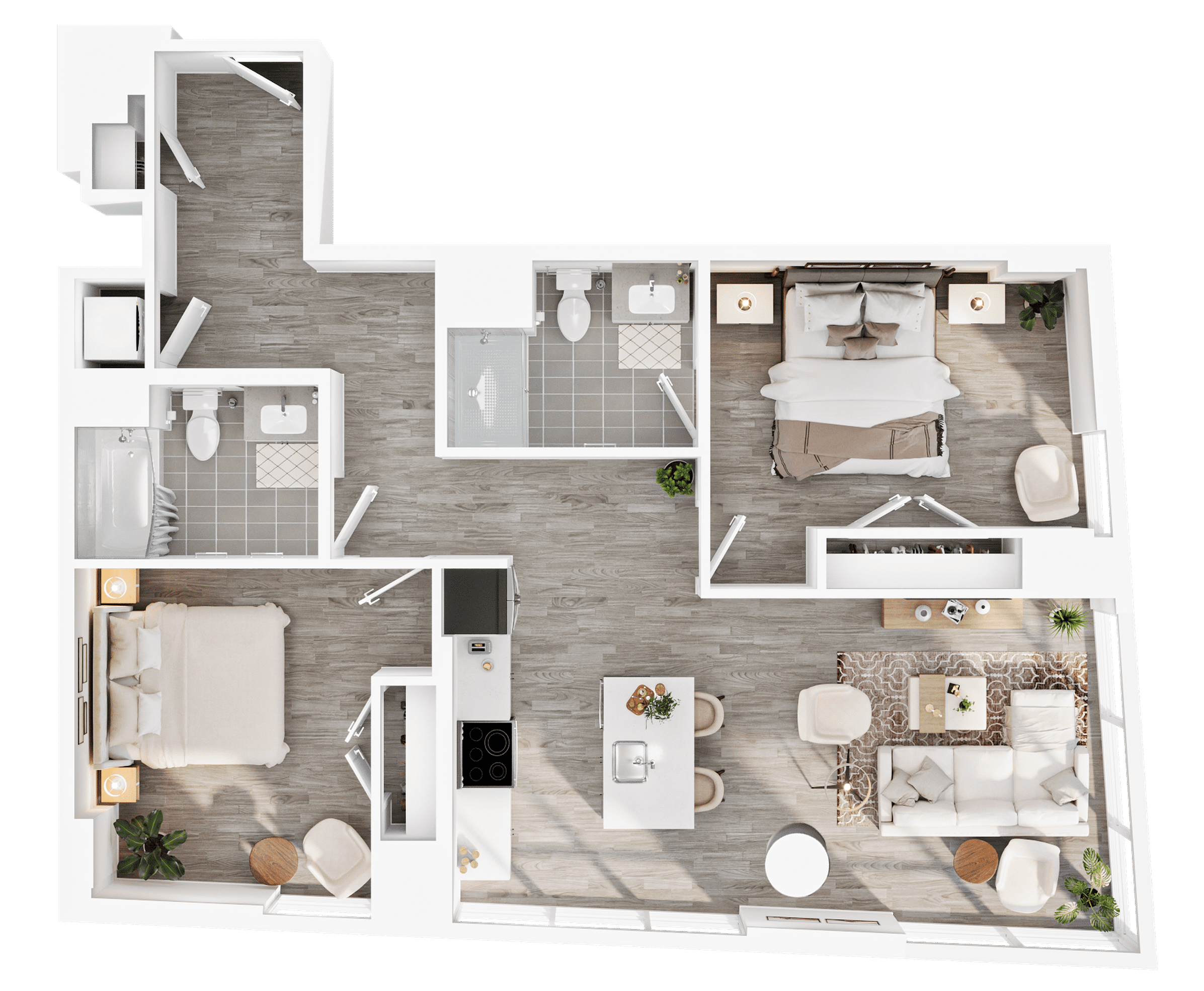 Floor plan for 2 beds, 2 baths, 1086 sqft