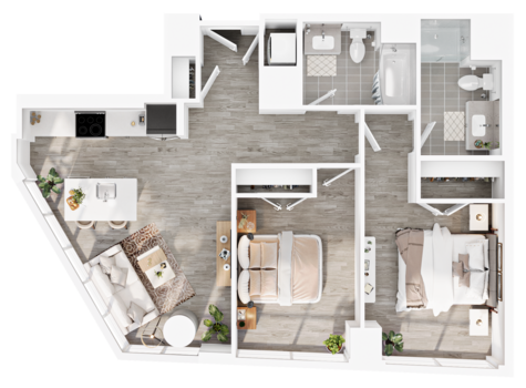 Floor plan for 2 beds, 2 baths, 991 sqft