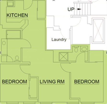 Floor plan for 2 beds, 2 baths, 950 sqft