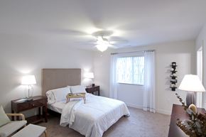 Brunswick apartment for rent - a bedroom with a bed and a ceiling fan