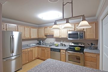 Brunswick apartment for rent - a kitchen with wooden cabinets and stainless steel appliances