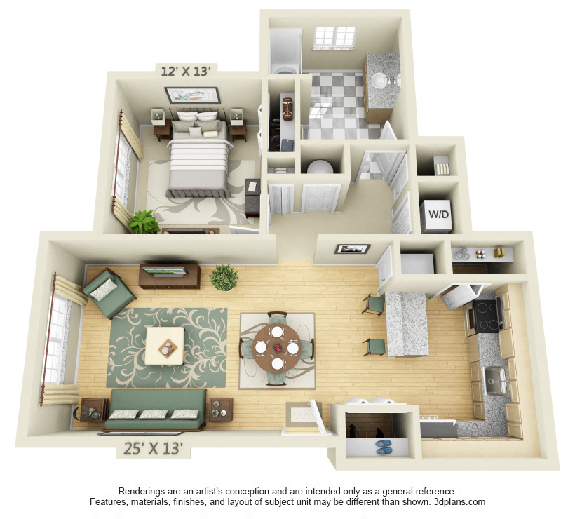 Floor plan for 1 bed, 1 bath, 882 sqft