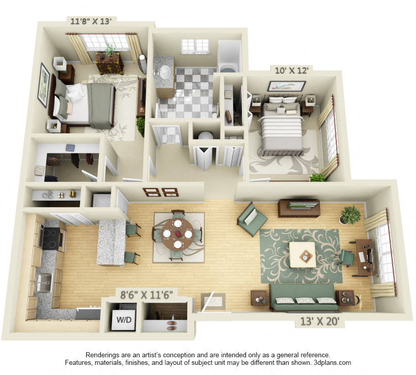 Floor plan for 2 beds, 1 bath, 1178 sqft
