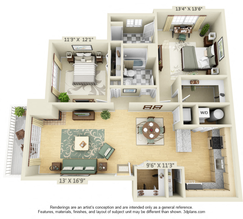 Floor plan for 2 beds, 2 baths, 1194 sqft