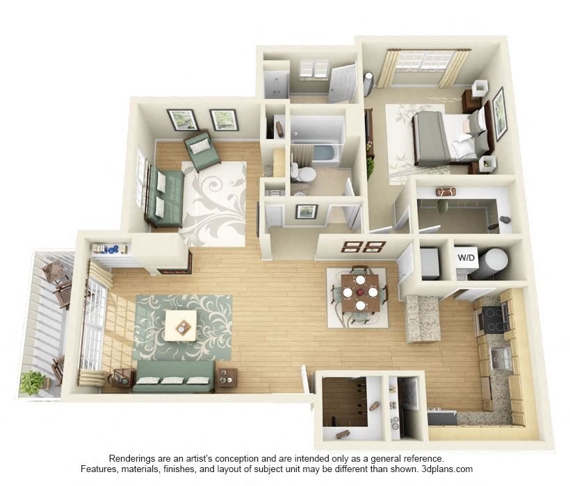 Floor plan for 1 bed, 2 baths, 1194 sqft