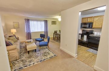 Albany apartment for rent - a living room and kitchen with a couch and a table