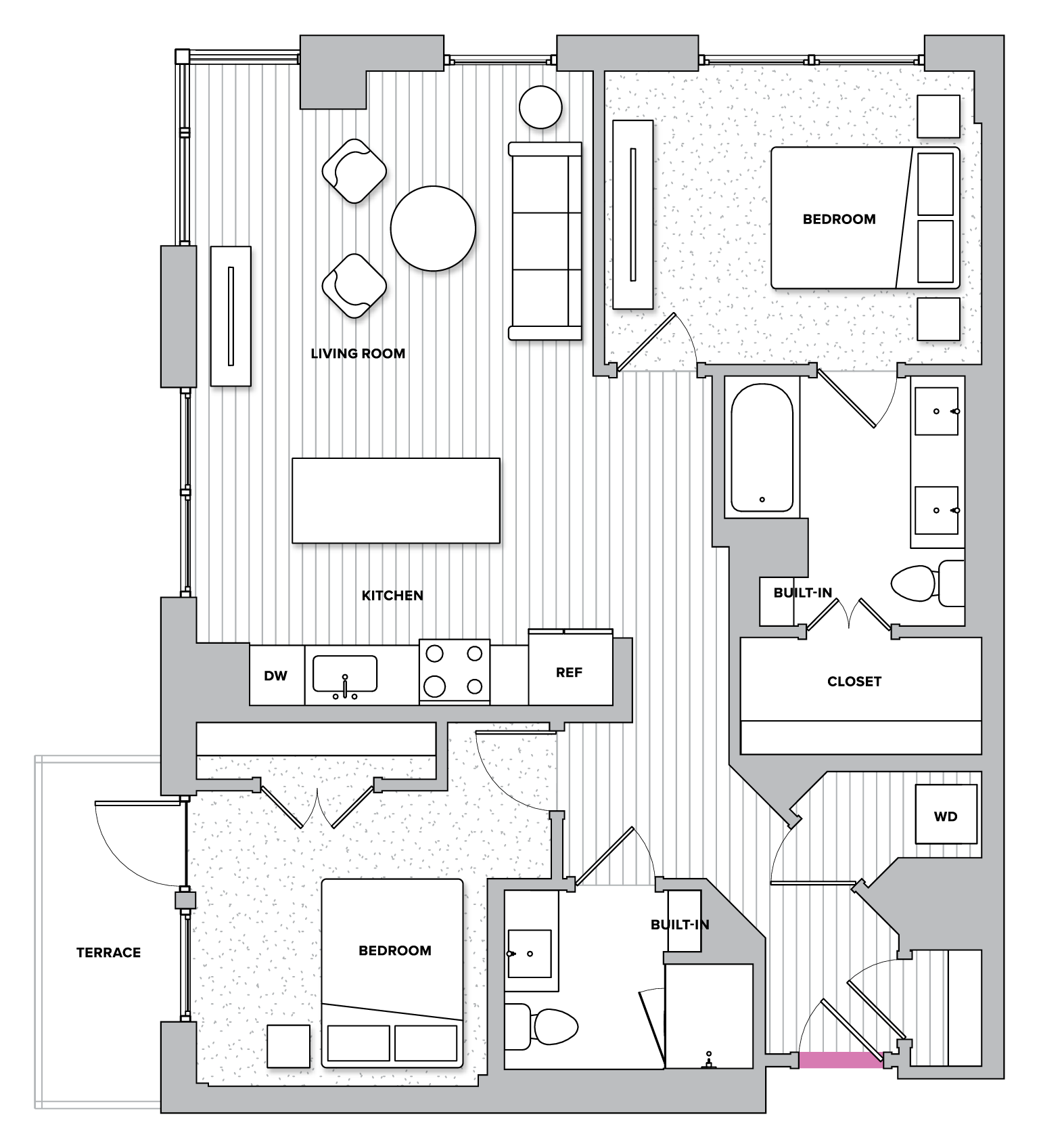 Floor plan for 2 beds, 2 baths, 1052 sqft