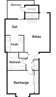 Floor plan for 1 bed, 1 bath, 760 sqft