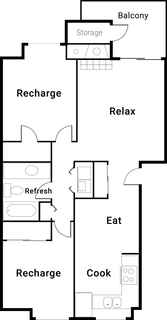 Floor plan for 2 beds, 1 bath, 950 sqft