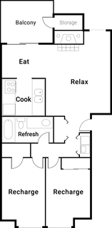 Floor plan for 2 beds, 1 bath, 1000 sqft
