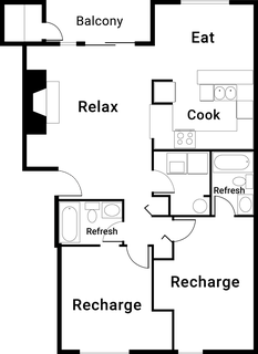 Floor plan for 2 beds, 2 baths, 1030 sqft
