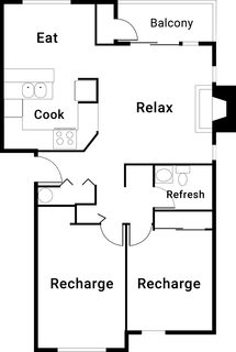 Floor plan for 2 beds, 1 bath, 930 sqft