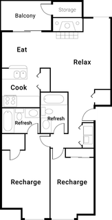 Floor plan for 2 beds, 2 baths, 1050 sqft