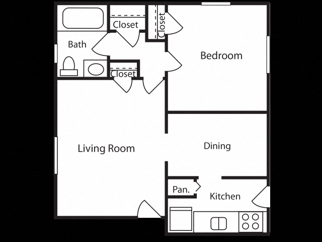 Floor plan for 1 bed, 1 bath, 580 sqft