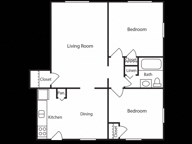 Floor plan for 2 beds, 1 bath, 785 sqft
