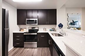 Emeryville apartment for rent - a kitchen with black cabinets and stainless steel appliances