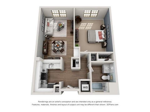 Floor plan for 1 bed, 1 bath, 723 sqft
