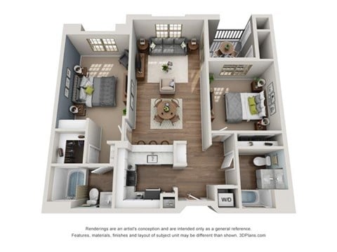 Floor plan for 2 beds, 2 baths, 1029 sqft