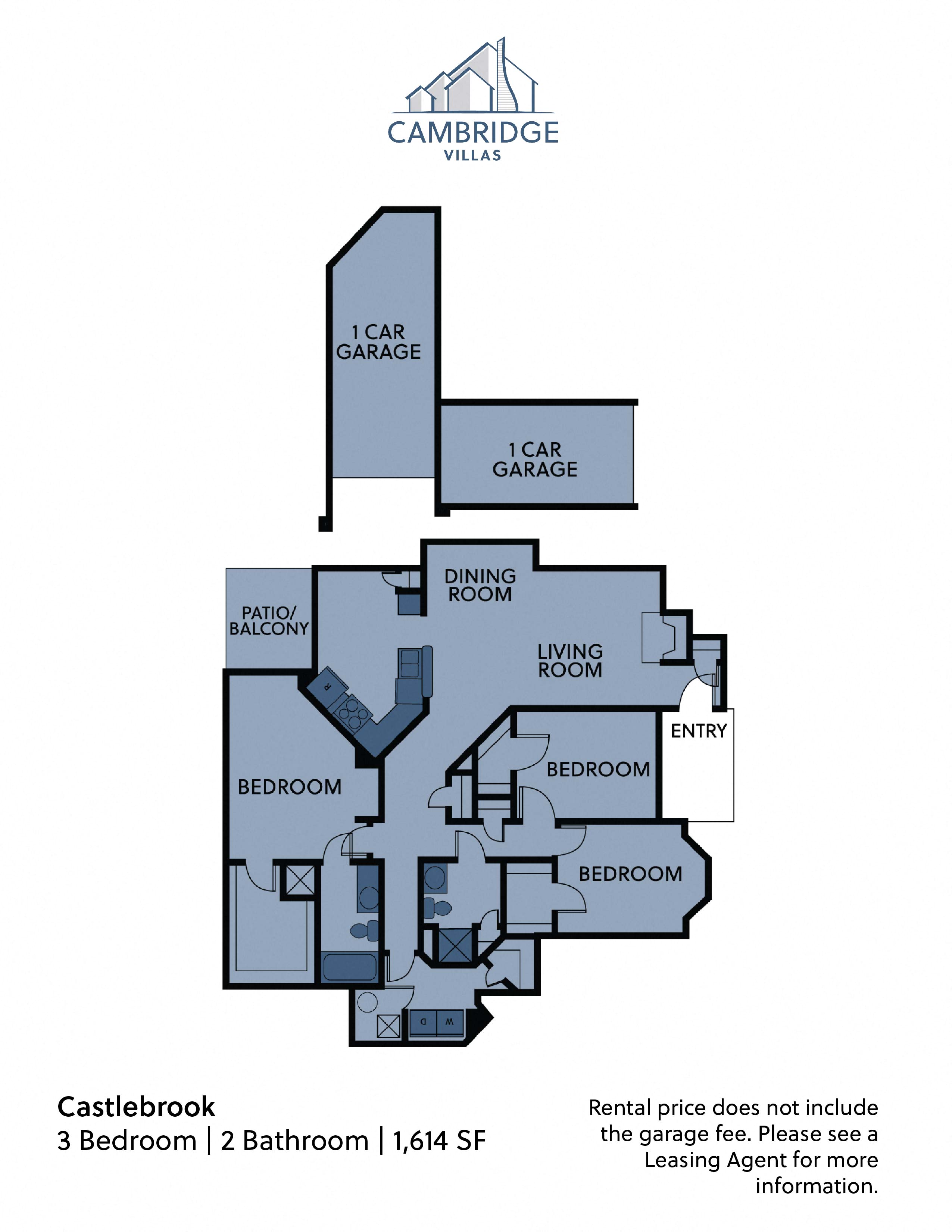Floor plan for 3 beds, 2 baths, 1614 sqft