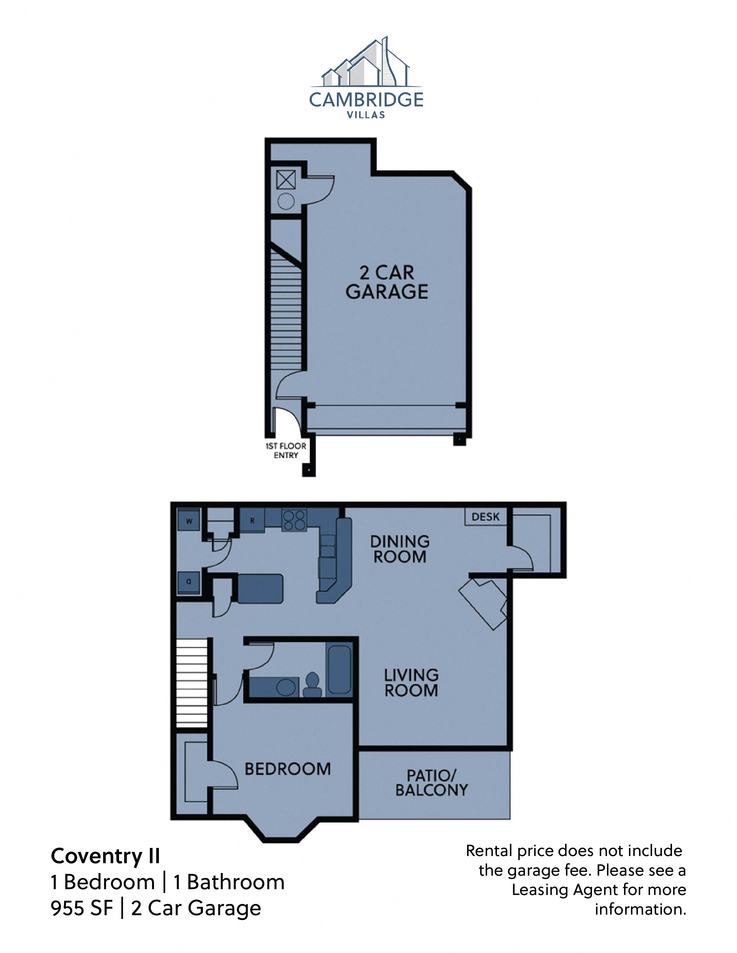 Floor plan for 1 bed, 1 bath, 955 sqft